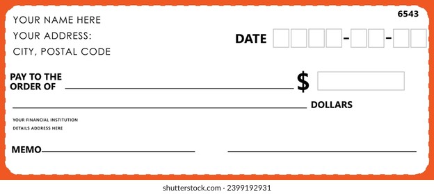Blank bank cheque template design. Bank check template Orange color