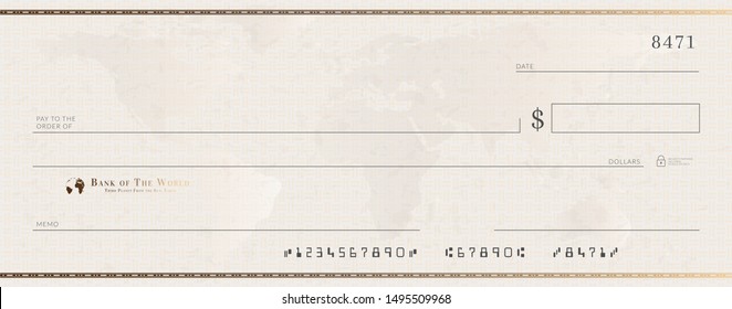 Blank Bank Cheque Template With Golden Frame. Check From Checkbook.