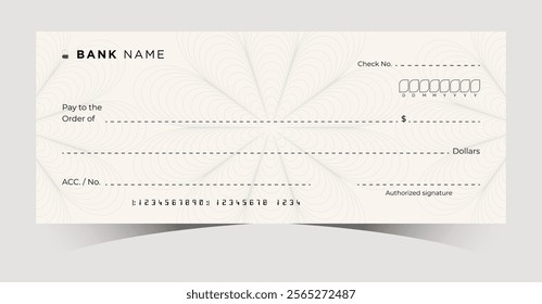 Blank Bank Chequebook. Money Payment Check Background Template. Secure Business Financial Transactions Cheque. Empty Cash Checkbook for Donations, Coupons, and Winner Award
