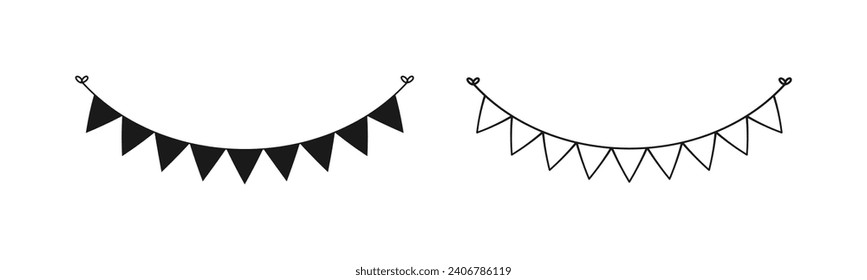 Blank banner, bunting garland doodle silhouette and outline templates for birthday parties event vector illustration