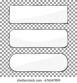 Blank banner button with silver metal frame isolated on checkered background. Chrome vector. Blank ad illustration.
