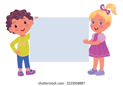 Blank banner with cartoon kids. Happy children presentation isolated on white background