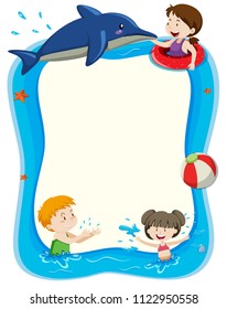 Blank banner with children playing in water illustration