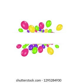 Blank banner with color balloons isolated on white background. Vector festive background. Happy birthday concept