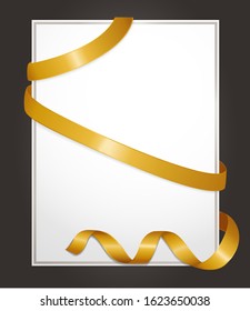 Blank banner with copy space, isolated empty frame decorated with golden stripes. Mockup for cards design. Decorative postcard with ribbons. Presentation of item, stripe vector in flat style
