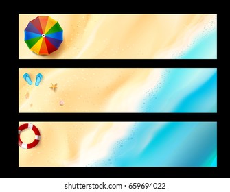 Blank banner with copy space Starfish flower palm leaf sand with copyspace and summer beach with sea coast background vector illustration