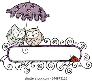 Blank banner with cute couple owls under umbrella
