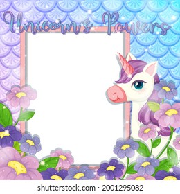 Blank banner with cute unicorn cartoon character illustration