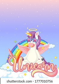 Blank banner with cute unicorn in the pastel sky background illustration