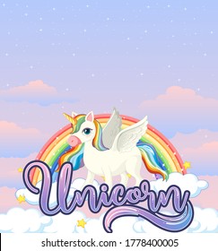 Banner em branco com unicórnio bonito no céu pastel ilustração de fundo