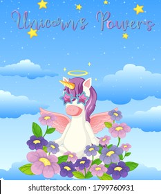 Blank banner with cute unicorn in the pastel sky background illustration