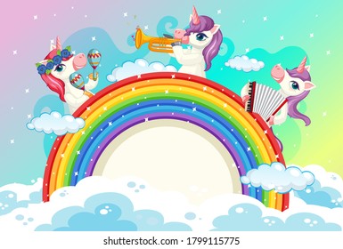 Blank banner with cute unicorns in the pastel sky background illustration