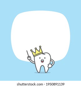 Blank banner dental cartoon of tooth with crown character and text box illustration. Cartoon character vector design on blue background. Dental care concept. 