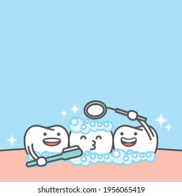 Blank banner dental cartoon of white teeth cleaning by brushing with toothbrush and checkup with dental mirror illustration cartoon character vector design on blue background. Dental care concept.