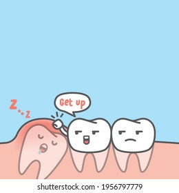 Blank banner dental cartoon of white teeth try to get the impaction tooth up by knocking gum illustration cartoon character vector design on blue background. Dental care concept.