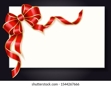 Blank Banner mit Leerzeichen für Text- oder Nachrichtenankündigung. Einzige Karte mit rotem Bandbogen im Knoten gebunden. Kopiert Platz für die Platzierung von Informationen. Geschenkkartendekor, Vektorgrafik in Form