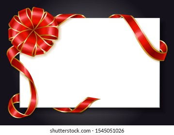 Blank banner with empty space for text or message announcement. Isolated card with red ribbon bow tied in knot. Copy space for placement of information. Present or gift card decor, vector in flat