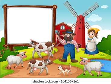 Blank banner in farm with red barn and windmill scene illustration