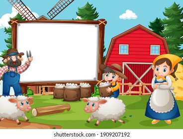 Blank banner in farm scene with happy family illustration