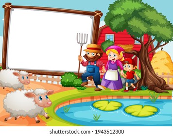 Blank banner in farm scene with happy family and many sheeps illustration