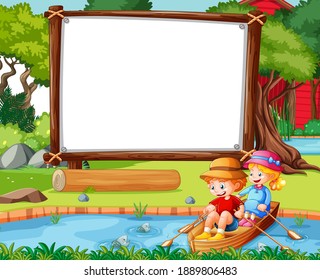 Blank banner in the forest scene with children row the boat illustration