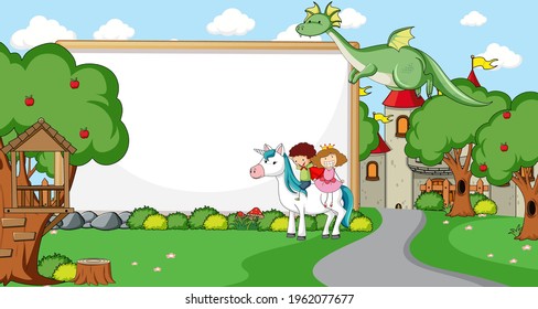 Blank banner in the forest scene with fairy tales cartoon character and elements illustration