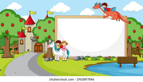 Blank banner in the forest scene with fairy tales cartoon character and elements illustration