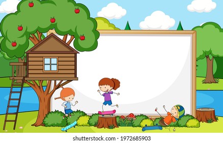 Blank banner in the forest scene with fairy tales cartoon character and elements illustration