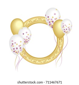 Blank banner in form of golden frame with balloons isolated on white background. Greeting card template. 