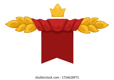 Blank banner in form of red curtain, isolated label with leaves or spikelets. Golden crown on top of copy space, royal sign of power and monarchy, old fashioned announcement tape, vector in flat