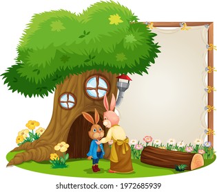 Blank banner in the garden with cute rabbits isolated illustration