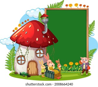 Blank banner in the garden with cute rabbits isolated illustration