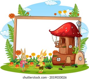 Blank banner in the garden with cute rabbits isolated illustration