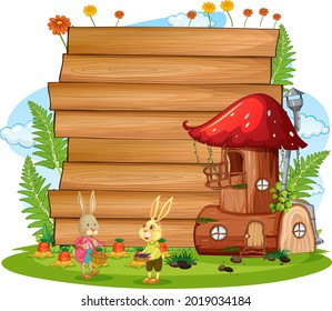 Blank banner in the garden with rabbit family isolated illustration
