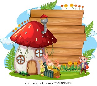 Blank banner in the garden with rabbit family isolated illustration