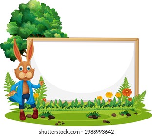 Blank banner in the garden with a rabbit isolated illustration