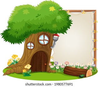 Blank banner in the garden with tree house isolated illustration