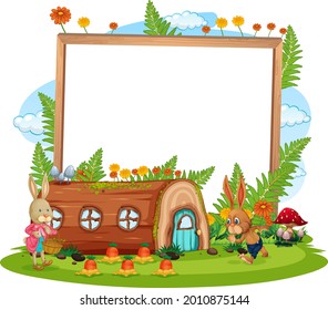 Blank banner in the garden with two rabbits isolated illustration
