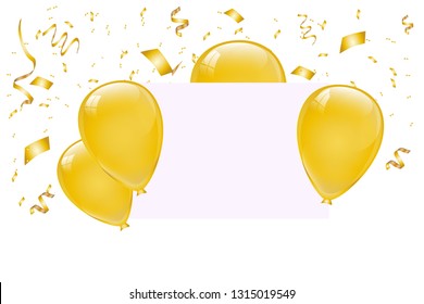 Blank banner with gold balloons and confetti isolated on transparently background. Vector festive background. Happy birthday concept.