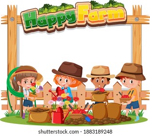 Blank banner with Happy Farm logo and farmer kids isolated on white background illustration
