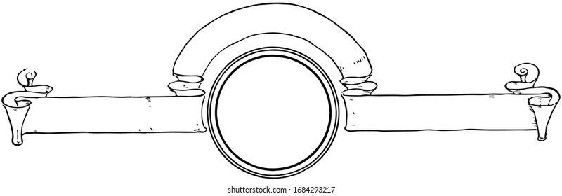 Blank Banner have blank circle in this center, vintage line drawing or engraving illustration.