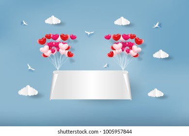 Blank banner with many heart shaped balloons floating in sky, paper art style, flat-style vector illustration.