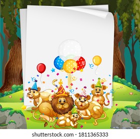 Blank banner with many lions in party theme illustration