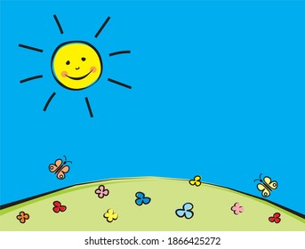 Blank banner, meadow and sun, vector illustration. Floral backdrop with smile funny sun on blue sky. 