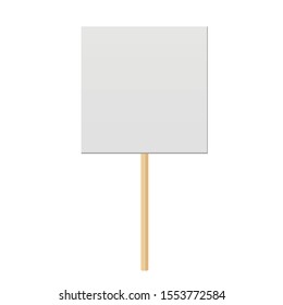 Blank banner mock up on wood stick.  Protest placard, public transparency with wooden holder. Campaign board with sticks. Protest sign isolated on white background. Vector illustration EPS10