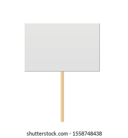 Blank banner mock up on wood stick.  Protest placard, public transparency with wooden holder. Protest sign isolated on white background