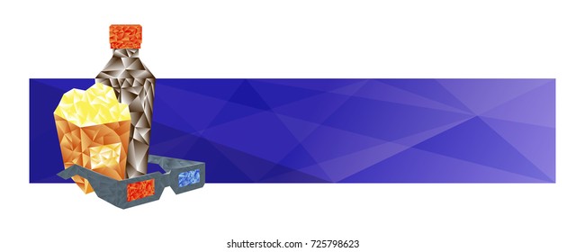 Blank banner Movie with 3D glasses, popcorn and drink in low poly style. Vector
