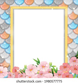 Blank banner on rainbow fish scales background with many flowers illustration