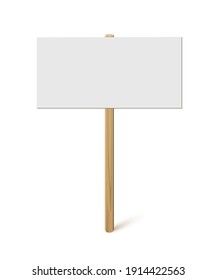 Blank banner on wood stick mock up. Vector empty board plank holder template. Protest sign isolated on white background