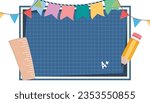 Blank banner for own text with grid chalkboard, pencil and wooden ruler. Back to school, education, studying, celebrating concept. 
